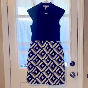 Max & Cleo sheath dress with ruffled bodice and geometric skirt
